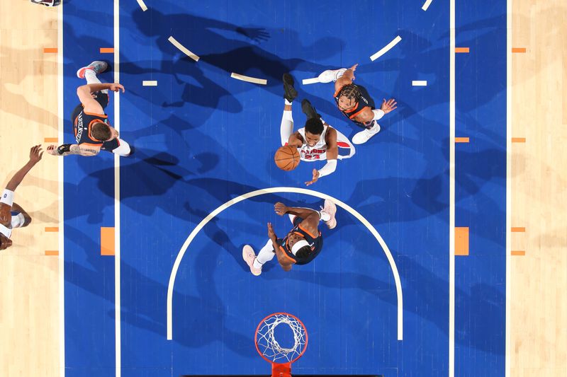 NEW YORK, NY - FEBRUARY 26: Jaden Ivey #23 of the Detroit Pistons drives to the basket during the game against the New York Knicks on February 26, 2024 at Madison Square Garden in New York City, New York.  NOTE TO USER: User expressly acknowledges and agrees that, by downloading and or using this photograph, User is consenting to the terms and conditions of the Getty Images License Agreement. Mandatory Copyright Notice: Copyright 2024 NBAE  (Photo by Nathaniel S. Butler/NBAE via Getty Images)