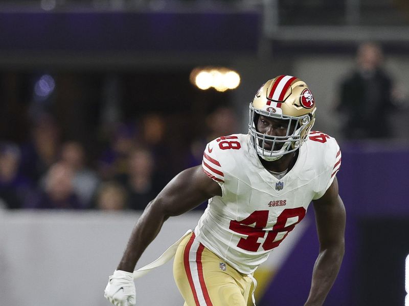 San Francisco 49ers linebacker Oren Burks (48) in action during the first half of an NFL football game against the Minnesota Vikings, Monday, Oct. 23, 2023 in Minneapolis. (AP Photo/Stacy Bengs)