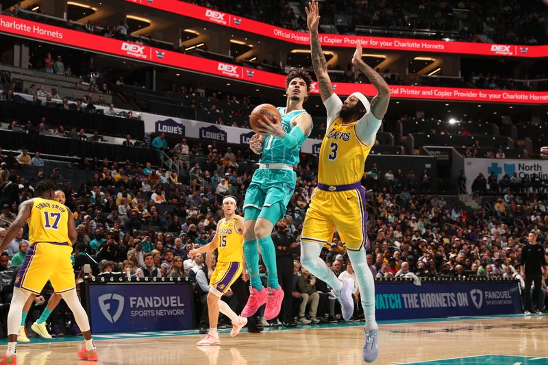 CHARLOTTE, NC - JANUARY 27:  LaMelo Ball #1 of the Charlotte Hornets shoots the ball during the game against the Los Angeles Lakers on January 27, 2025 at Spectrum Center in Charlotte, North Carolina. NOTE TO USER: User expressly acknowledges and agrees that, by downloading and or using this photograph, User is consenting to the terms and conditions of the Getty Images License Agreement. Mandatory Copyright Notice: Copyright 2025 NBAE (Photo by Kent Smith/NBAE via Getty Images)