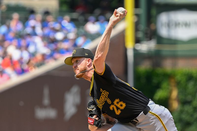 May 18, 2024; Chicago, Illinois, USA; Pittsburgh Pirates pitcher Bailey Falter (26) delivers against the Chicago Cubs during the first inning at Wrigley Field. Mandatory Credit: Matt Marton-USA TODAY Sports