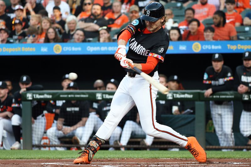 May 2, 2025; Baltimore, Maryland, USA; Baltimore Orioles shortstop Gunnar Henderson (2) hits a single during the first inning against the Kansas City Royals at Oriole Park at Camden Yards. Mandatory Credit: Daniel Kucin Jr.-Imagn Images