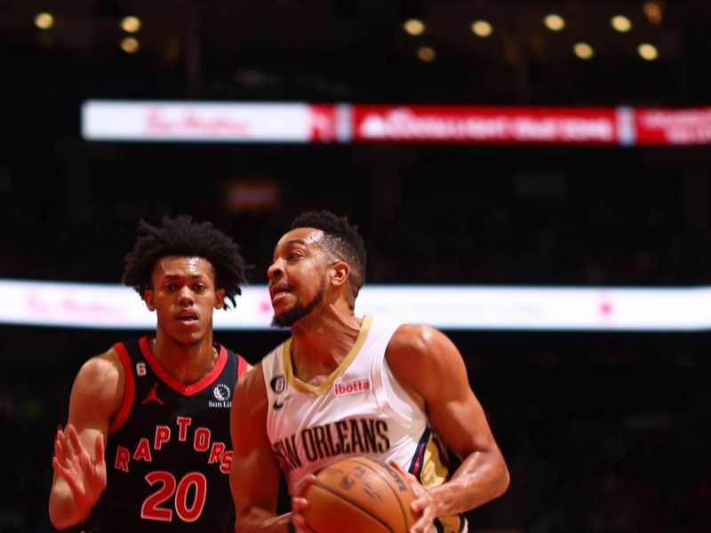 TORONTO, CANADA - FEBRUARY 23: CJ McCollum #3 of the New Orleans Pelicans drives to the basket against the Toronto Raptors on February 23, 2023 at the Scotiabank Arena in Toronto, Ontario, Canada.  NOTE TO USER: User expressly acknowledges and agrees that, by downloading and or using this Photograph, user is consenting to the terms and conditions of the Getty Images License Agreement.  Mandatory Copyright Notice: Copyright 2023 NBAE (Photo by Vaughn Ridley/NBAE via Getty Images)