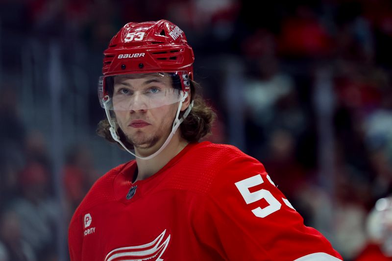 Mar 16, 2024; Detroit, Michigan, USA;  Detroit Red Wings defenseman Moritz Seider (53) looks on during a time out in the third period against the Buffalo Sabres at Little Caesars Arena. Mandatory Credit: Rick Osentoski-USA TODAY Sports