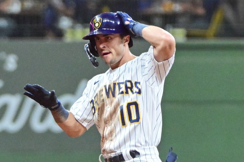 Sep 16, 2023; Milwaukee, Wisconsin, USA; Milwaukee Brewers center fielder Sal Frelick (10) reacts after hitting a double in the fourth inning against the Washington Nationals at American Family Field. Mandatory Credit: Benny Sieu-USA TODAY Sports