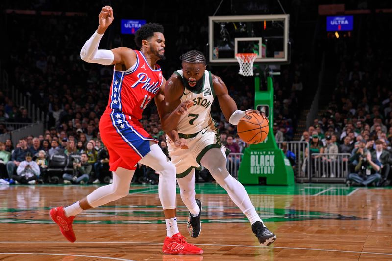 BOSTON, MA - FEBRUARY 27: Jaylen Brown #7 of the Boston Celtics handles the ball during the game against the Philadelphia 76ers on February 27, 2024 at the TD Garden in Boston, Massachusetts. NOTE TO USER: User expressly acknowledges and agrees that, by downloading and or using this photograph, User is consenting to the terms and conditions of the Getty Images License Agreement. Mandatory Copyright Notice: Copyright 2024 NBAE  (Photo by Brian Babineau/NBAE via Getty Images)