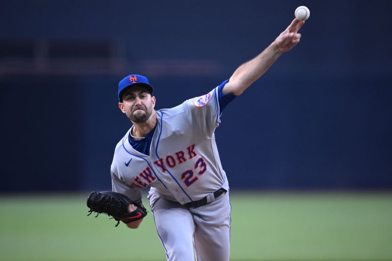 Jul 8, 2023; San Diego, California, USA; New York Mets starting pitcher David Peterson (23) throws a pitch against the San Diego Padres during the first inning at Petco Park. Mandatory Credit: Orlando Ramirez-USA TODAY Sports