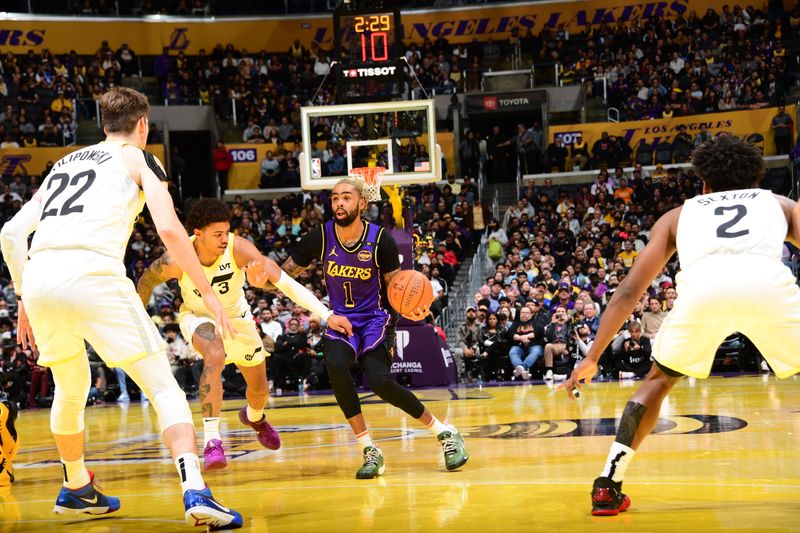 LOS ANGELES, CA - NOVEMBER 19: D'Angelo Russell #1 of the Los Angeles Lakers handles the ball during the game against the Utah Jazz during the Emirates NBA Cup game on November 19, 2024 at Crypto.Com Arena in Los Angeles, California. NOTE TO USER: User expressly acknowledges and agrees that, by downloading and/or using this Photograph, user is consenting to the terms and conditions of the Getty Images License Agreement. Mandatory Copyright Notice: Copyright 2024 NBAE (Photo by Adam Pantozzi/NBAE via Getty Images)