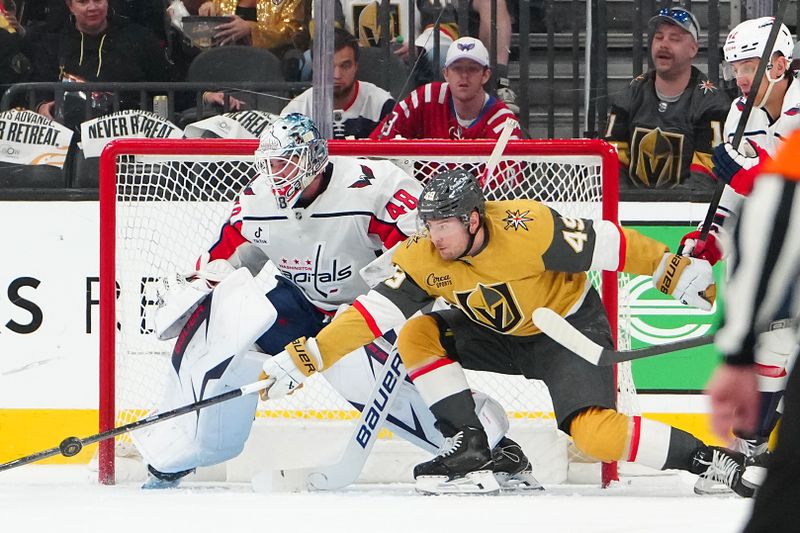 Mar 28, 2026; Las Vegas, Nevada, USA; Vegas Golden Knights left wing Ivan Barbashev (49) reaches for a loose puck in front of Washington Capitals goaltender Logan Thompson (48) during the second period at T-Mobile Arena. Mandatory Credit: Stephen R. Sylvanie-Imagn Images Mar 28, 2026; Las Vegas, Nevada, USA; Vegas Golden Knights left wing Ivan Barbashev (49) reaches for a loose puck in front of Washington Capitals goaltender Logan Thompson (48) during the second period at T-Mobile Arena. Mandatory Credit: Stephen R. Sylvanie-Imagn Images