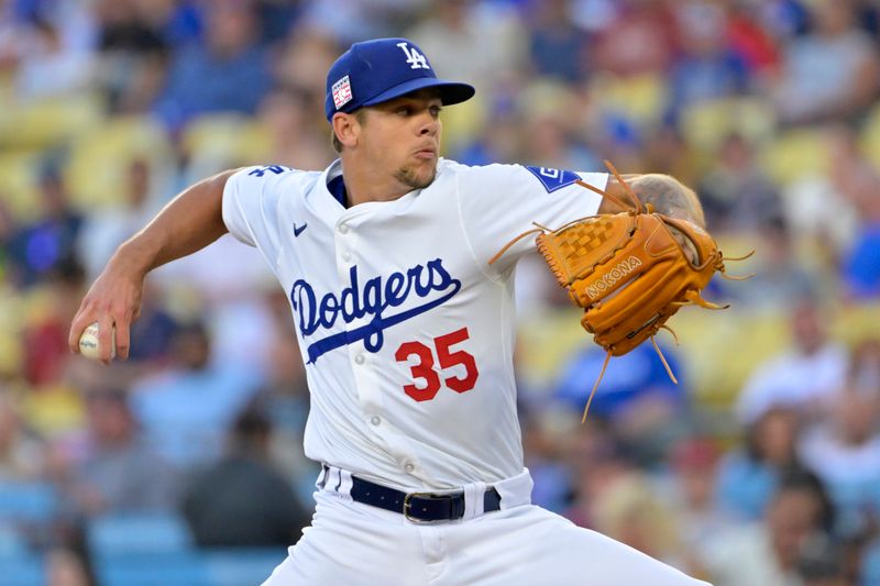 Jul 19, 2024; Los Angeles, California, USA;  Los Angeles Dodgers pitcher Gavin Stone (35) delivers to the plate in the first inning against the Boston Red Sox at Dodger Stadium. Mandatory Credit: Jayne Kamin-Oncea-USA TODAY Sports