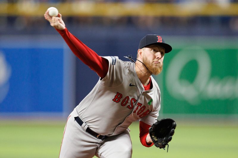 May 22, 2024; St. Petersburg, Florida, USA;  Boston Red Sox pitcher Zack Kelly (76) throws a pitch against the Tampa Bay Rays in the eighth inning at Tropicana Field. Mandatory Credit: Nathan Ray Seebeck-USA TODAY Sports