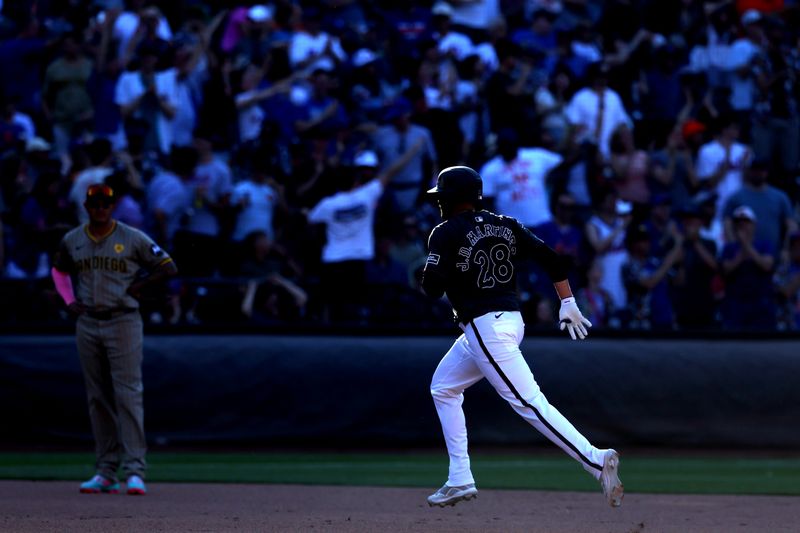 Jun 15, 2024; New York City, New York, USA; New York Mets designated hitter J.D. Martinez (28) rounds the bases after hitting a solo home run against the San Diego Padres during the seventh inning at Citi Field. Mandatory Credit: Brad Penner-USA TODAY Sports