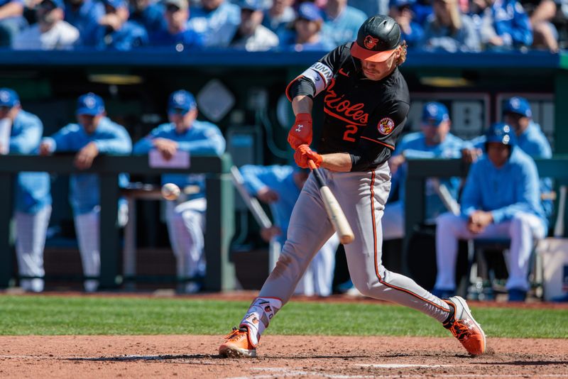 Apr 21, 2024; Kansas City, Missouri, USA; Baltimore Orioles shortstop Gunnar Henderson (2) at bat during the ninth inning against the Kansas City Royals at Kauffman Stadium. Mandatory Credit: William Purnell-USA TODAY Sports