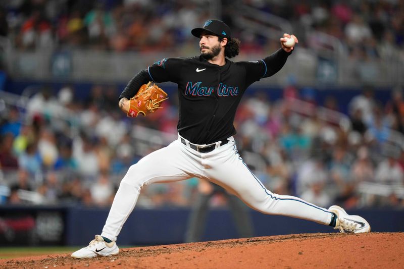 Aug 16, 2023; Miami, Florida, USA; Miami Marlins relief pitcher Andrew Nardi (43) throws a pitch against the Houston Astros during the fifth inning at loanDepot Park. Mandatory Credit: Rich Storry-USA TODAY Sports