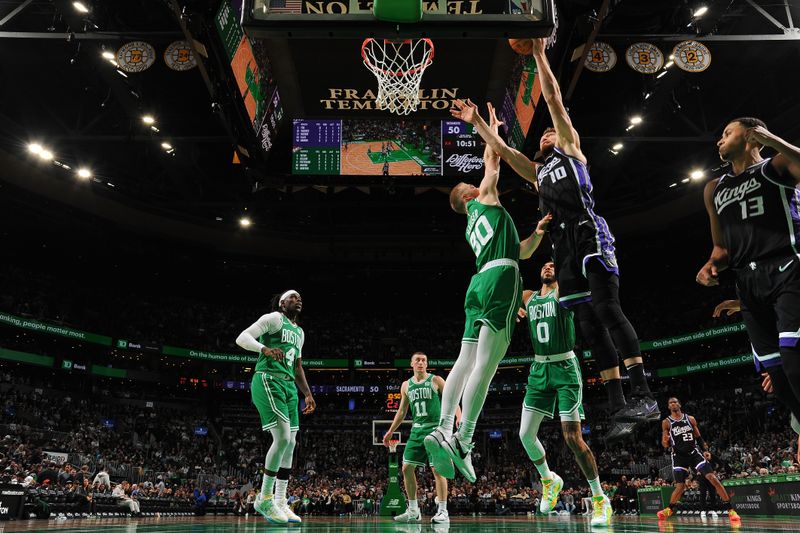 BOSTON, MA - APRIL 5: Domantas Sabonis #10 of the Sacramento Kings shoots the ball during the game against the Boston Celtics  on April 5, 2024 at the TD Garden in Boston, Massachusetts. NOTE TO USER: User expressly acknowledges and agrees that, by downloading and or using this photograph, User is consenting to the terms and conditions of the Getty Images License Agreement. Mandatory Copyright Notice: Copyright 2024 NBAE  (Photo by Brian Babineau/NBAE via Getty Images)