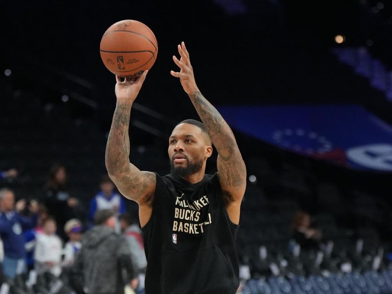 PHILADELPHIA, PA - FEBRUARY 25: Damian Lillard #0 of the Milwaukee Bucks warms up before the game against the Philadelphia 76ers on February 25, 2024 at the Wells Fargo Center in Philadelphia, Pennsylvania NOTE TO USER: User expressly acknowledges and agrees that, by downloading and/or using this Photograph, user is consenting to the terms and conditions of the Getty Images License Agreement. Mandatory Copyright Notice: Copyright 2024 NBAE (Photo by Jesse D. Garrabrant/NBAE via Getty Images)