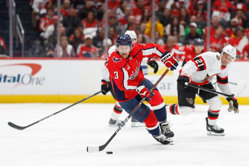 Apr 7, 2024; Washington, District of Columbia, USA; Washington Capitals defenseman Nick Jensen (3) skates with the puck as Ottawa Senators right wing Mathieu Joseph (21) chases in the second period at Capital One Arena. Mandatory Credit: Geoff Burke-USA TODAY Sports