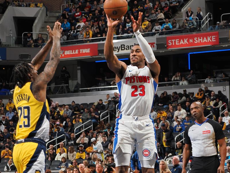 INDIANAPOLIS, IN - NOVEMBER 29: Jaden Ivey #23 of the Detroit Pistons shoots the ball during the game against the Indiana Pacers during the Emirates NBA Cup game on November 29, 2024 at Gainbridge Fieldhouse in Indianapolis, Indiana. NOTE TO USER: User expressly acknowledges and agrees that, by downloading and or using this Photograph, user is consenting to the terms and conditions of the Getty Images License Agreement. Mandatory Copyright Notice: Copyright 2024 NBAE (Photo by Ron Hoskins/NBAE via Getty Images)