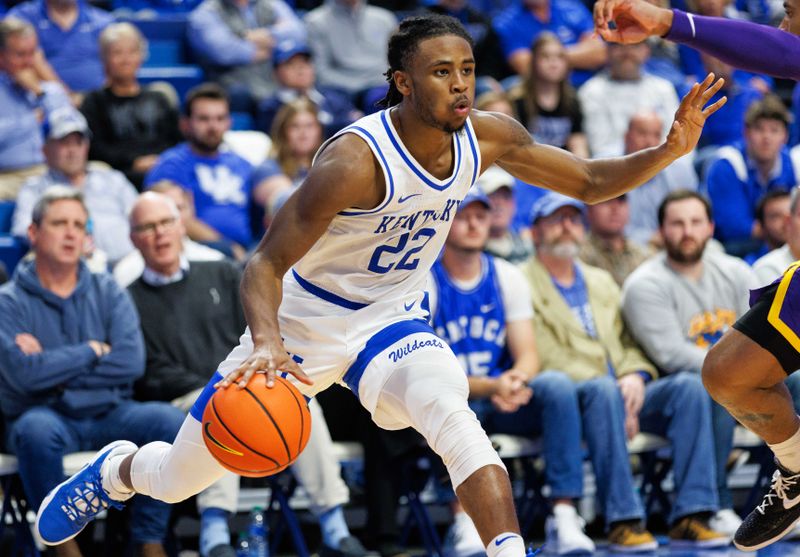 Jan 3, 2023; Lexington, Kentucky, USA; Kentucky Wildcats guard Cason Wallace (22) dribbles the ball during the second half against the LSU Tigers at Rupp Arena at Central Bank Center. Mandatory Credit: Jordan Prather-USA TODAY Sports