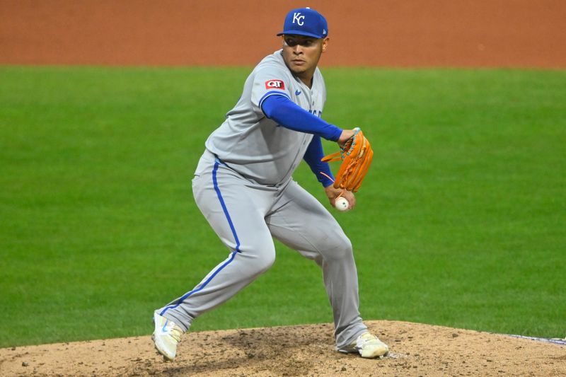 Sep 10, 2025; Cleveland, Ohio, USA; Kansas City Royals relief pitcher Angel Zerpa (61) delivers a pitch in the fourth inning against the Cleveland Guardians at Progressive Field. Mandatory Credit: David Richard-Imagn Images