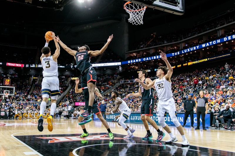 Mar 8, 2023; Kansas City, MO, USA; West Virginia Mountaineers forward Tre Mitchell (3) and Texas Tech Red Raiders guard Elijah Fisher (22) go after a rebound during the second half at T-Mobile Center. Mandatory Credit: William Purnell-USA TODAY Sports