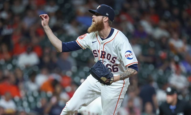 May 1, 2024; Houston, Texas, USA;  Houston Astros relief pitcher Shawn Dubin (66) delivers a pitch during the tenth inning against the Cleveland Guardians at Minute Maid Park. Mandatory Credit: Troy Taormina-USA TODAY Sports