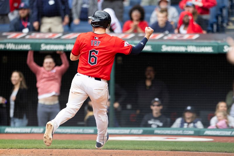 Apr 14, 2024; Cleveland, Ohio, USA; Cleveland Guardians first baseman David Fry (6) crosses home plate for the wining run against the New York Yankees during the tenth inning at Progressive Field. Mandatory Credit: Scott Galvin-USA TODAY Sports