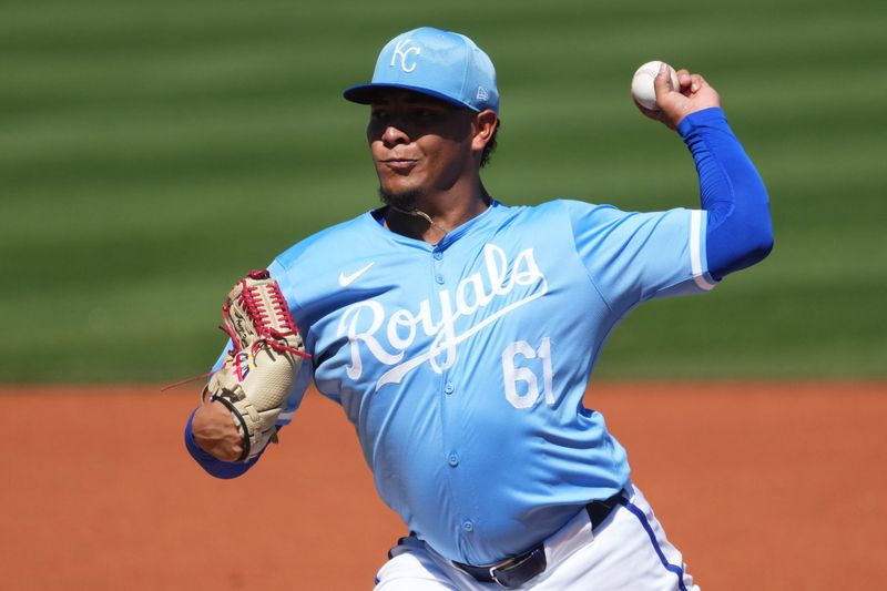 Mar 11, 2024; Surprise, Arizona, USA; Kansas City Royals starting pitcher Angel Zerpa (61) pitches against the San Francisco Giants during the first inning at Surprise Stadium. Mandatory Credit: Joe Camporeale-USA TODAY Sports