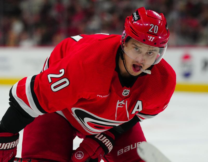 Jan 11, 2024; Raleigh, North Carolina, USA; Carolina Hurricanes center Sebastian Aho (20) looks on against the Anaheim Ducks during the third period at PNC Arena. Mandatory Credit: James Guillory-USA TODAY Sports