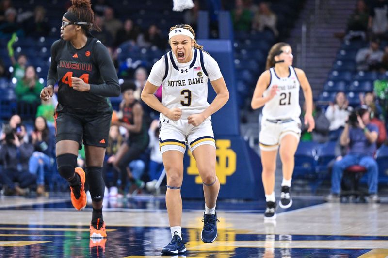 Jan 14, 2024; South Bend, Indiana, USA; Notre Dame Fighting Irish guard Hannah Hidalgo (3) reacts after a three point basket in the second half against the Miami Hurricanes at the Purcell Pavilion. Mandatory Credit: Matt Cashore-USA TODAY Sports