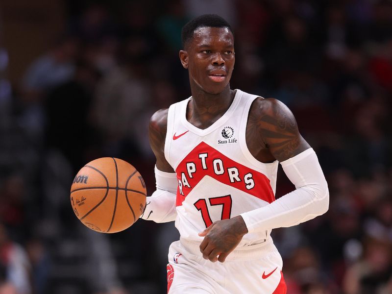 CHICAGO, ILLINOIS - JANUARY 30: Dennis Schroder #17 of the Toronto Raptors dribbles up the court against the Chicago Bulls during the second half at the United Center on January 30, 2024 in Chicago, Illinois. NOTE TO USER: User expressly acknowledges and agrees that, by downloading and or using this photograph, User is consenting to the terms and conditions of the Getty Images License Agreement.  (Photo by Michael Reaves/Getty Images)