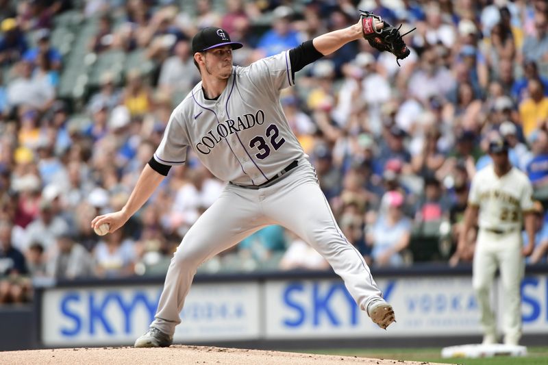 Aug 9, 2023; Milwaukee, Wisconsin, USA; Colorado Rockies pitcher Chris Flexen (32) pitches against the Milwaukee Brewers in the first inning at American Family Field. Mandatory Credit: Benny Sieu-USA TODAY Sports