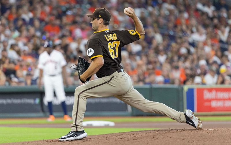 Sep 9, 2023; Houston, Texas, USA; San Diego Padres starting pitcher Seth Lugo (67) pitches against the Houston Astros in the first inning at Minute Maid Park. Mandatory Credit: Thomas Shea-USA TODAY Sports