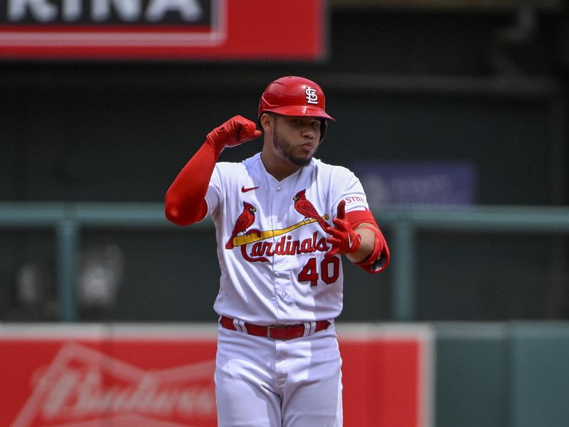 May 4, 2023; St. Louis, Missouri, USA;  St. Louis Cardinals catcher Willson Contreras (40) reacts after hitting a two run double against the Los Angeles Angels during the first inning at Busch Stadium. Mandatory Credit: Jeff Curry-USA TODAY Sports