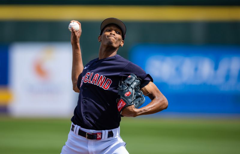 Mar 16, 2023; Goodyear, Arizona, USA; Cleveland Guardians pitcher Triston McKenzie against the Chicago White Sox during a spring training game at Goodyear Ballpark. Mandatory Credit: Mark J. Rebilas-USA TODAY Sports