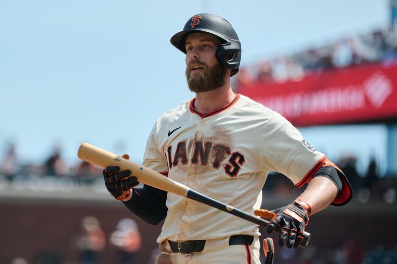 Apr 10, 2024; San Francisco, California, USA; San Francisco Giants outfielder Austin Slater (13) bats against the against the Washington Nationals during the fifth inning at Oracle Park. Mandatory Credit: Robert Edwards-USA TODAY Sports