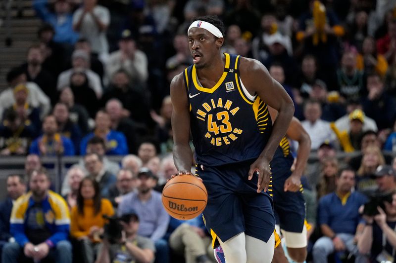 INDIANAPOLIS, IN - JANUARY 23: Pascal Siakam #43 of the Indiana Pacers dribbles the ball during the game against the Denver Nuggets on January 23, 2024 at Gainbridge Fieldhouse in Indianapolis, Indiana. NOTE TO USER: User expressly acknowledges and agrees that, by downloading and or using this Photograph, user is consenting to the terms and conditions of the Getty Images License Agreement. Mandatory Copyright Notice: Copyright 2024 NBAE (Photo by AJ Mast/NBAE via Getty Images)