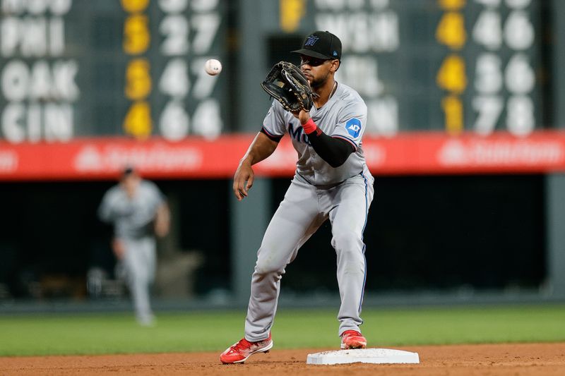 Aug 27, 2024; Denver, Colorado, USA; Miami Marlins second baseman Otto Lopez (61) fields a throw for an out in the fourth inning against the Colorado Rockies at Coors Field. Mandatory Credit: Isaiah J. Downing-USA TODAY Sports