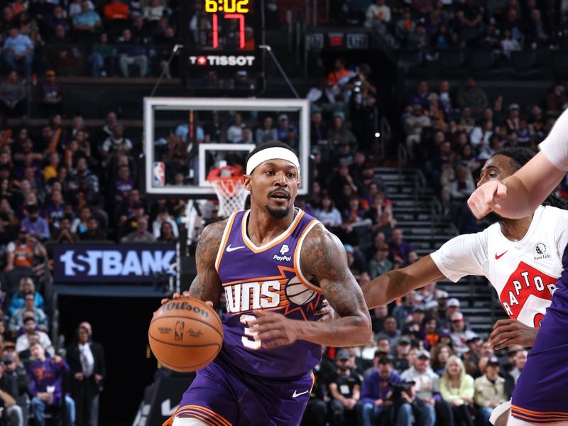 PHOENIX, AZ - MARCH 7: Bradley Beal #3 of the Phoenix Suns handles the ball during the game against the Toronto Raptors on March 7, 2024 at Footprint Center in Phoenix, Arizona. NOTE TO USER: User expressly acknowledges and agrees that, by downloading and or using this photograph, user is consenting to the terms and conditions of the Getty Images License Agreement. Mandatory Copyright Notice: Copyright 2024 NBAE (Photo by Jeff Haynes/NBAE via Getty Images)