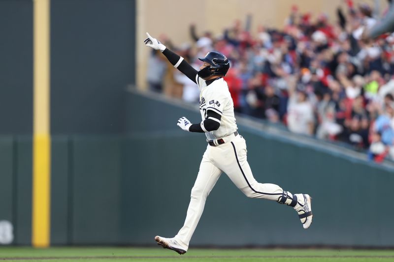 Oct 11, 2023; Minneapolis, Minnesota, USA; Minnesota Twins third baseman Royce Lewis (23) rounds the bases after hitting a solo home-run in the first inning against the Houston Astros during game four of the ALDS for the 2023 MLB playoffs at Target Field Mandatory Credit: Jesse Johnson-USA TODAY Sports