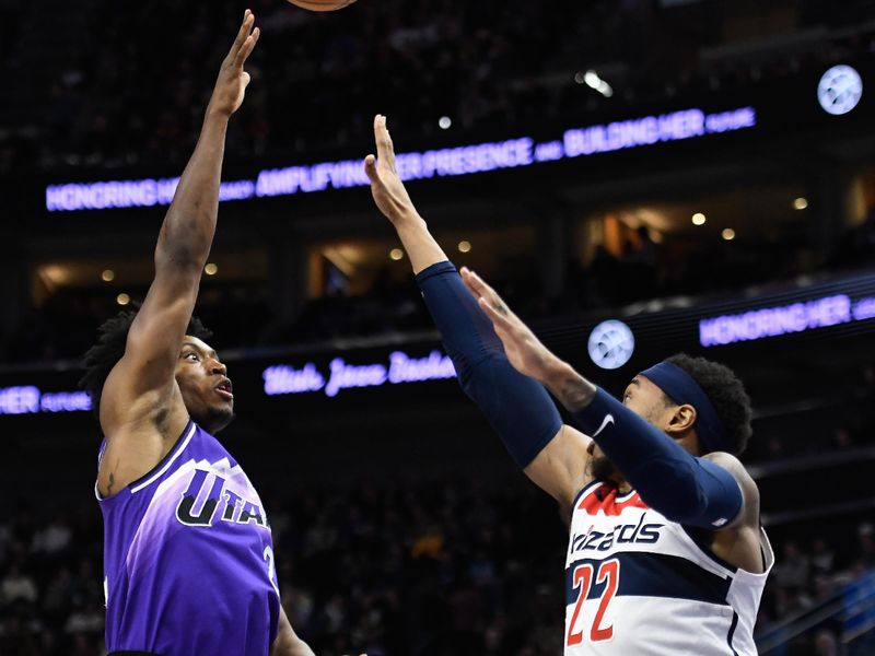 SALT LAKE CITY, UTAH - MARCH 04: Collin Sexton #2 of the Utah Jazz shoots the ball against Richaun Holmes #22 of the Washington Wizards during the first half of a game at Delta Center on March 04, 2024 in Salt Lake City, Utah. NOTE TO USER: User expressly acknowledges and agrees that, by downloading and or using this photograph, User is consenting to the terms and conditions of the Getty Images License Agreement. (Photo by Alex Goodlett/Getty Images)