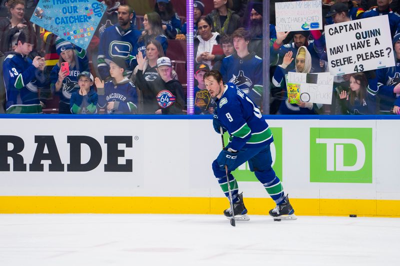 Mar 9, 2024; Vancouver, British Columbia, CAN; Vancouver Canucks forward J.T. Miller (9) skates during warm up prior to a game against the Winnipeg Jets at Rogers Arena. Mandatory Credit: Bob Frid-USA TODAY Sports