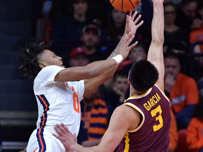 Feb 28, 2024; Champaign, Illinois, USA; Illinois Fighting Illini guard Terrence Shannon Jr. (0) shoots the ball over Minnesota Golden Gophers forward Dawson Garcia (3) during the second half at State Farm Center. Mandatory Credit: Ron Johnson-USA TODAY Sports