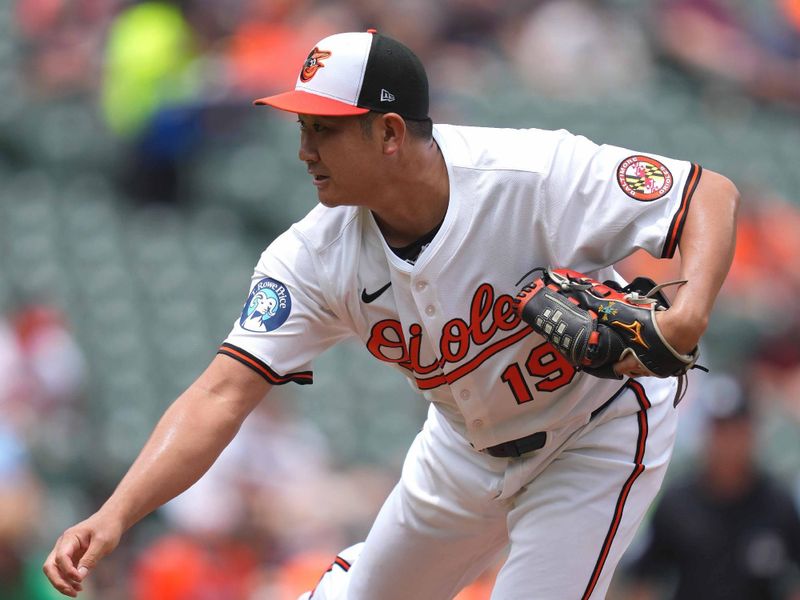 May 15, 2025; Baltimore, Maryland, USA; Baltimore Orioles pitcher Tomoyuki Sugano (19) delivers during the second inning against the Minnesota Twins at Oriole Park at Camden Yards. Mandatory Credit: Mitch Stringer-Imagn Images