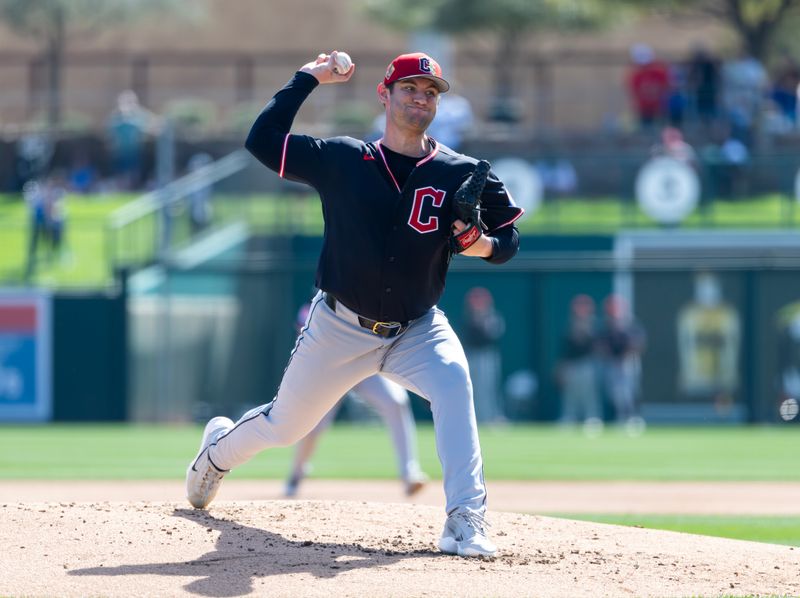 Feb 24, 2026; Phoenix, Arizona, USA; Cleveland Guardians pitcher Gavin Williams against the Los Angeles Dodgers during a spring training game at Camelback Ranch-Glendale. Mandatory Credit: Mark J. Rebilas-Imagn Images