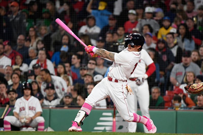 May 14, 2023; Boston, Massachusetts, USA; Boston Red Sox center fielder Jarren Duran (16) bats against the St. Louis Cardinals during the fourth inning at Fenway Park. Mandatory Credit: Eric Canha-USA TODAY Sports