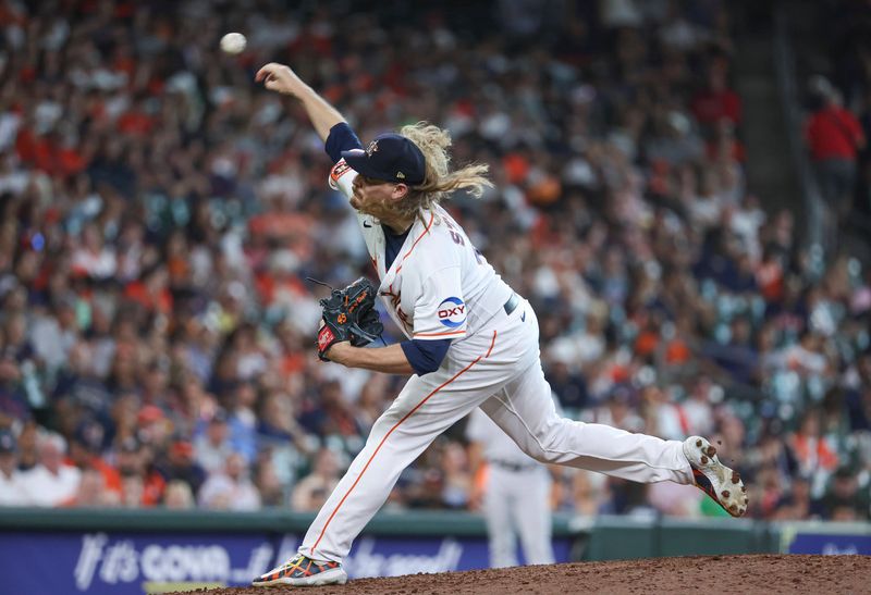 Jul 4, 2023; Houston, Texas, USA; Houston Astros relief pitcher Ryne Stanek (45) delivers a pitch during the ninth inning against the Colorado Rockies at Minute Maid Park. Mandatory Credit: Troy Taormina-USA TODAY Sports