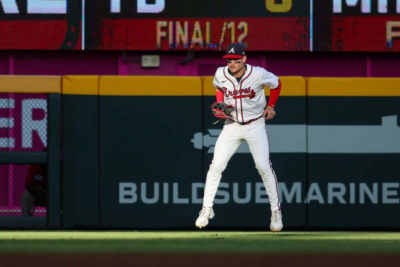 May 30, 2024; Atlanta, Georgia, USA; Atlanta Braves left fielder Jarred Kelenic (24) in the field against the Washington Nationals in the first inning at Truist Park. Mandatory Credit: Brett Davis-USA TODAY Sports
