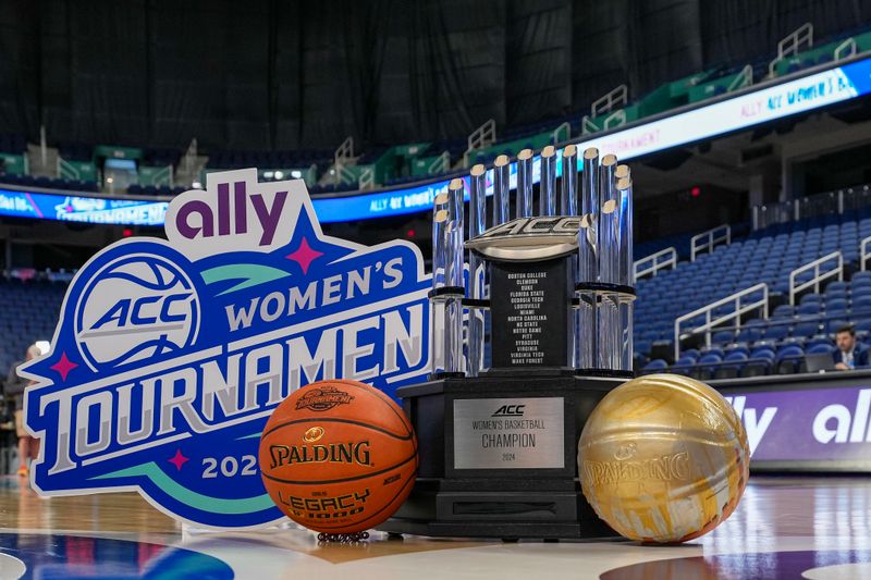 Mar 10, 2024; Greensboro, NC, USA; General view of the Championship trophy prior to the game between NC State and Notre Dame at Greensboro Coliseum. Mandatory Credit: David Yeazell-USA TODAY Sports