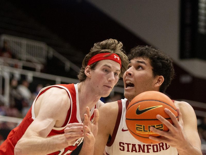 Jan 14, 2024; Stanford, California, USA; Stanford Cardinal forward Brandon Angel (23) drives to the basket against Utah Utes center Branden Carlson (35) during the second half at Maples Pavilion. Mandatory Credit: D. Ross Cameron-USA TODAY Sports