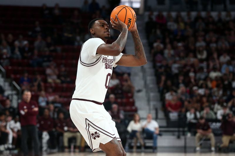 Dec 3, 2023; Starkville, Mississippi, USA; Mississippi State Bulldogs forward D.J. Jeffries (0) shoots for three during the first half against the Southern Jaguars at Humphrey Coliseum. Mandatory Credit: Petre Thomas-USA TODAY Sports